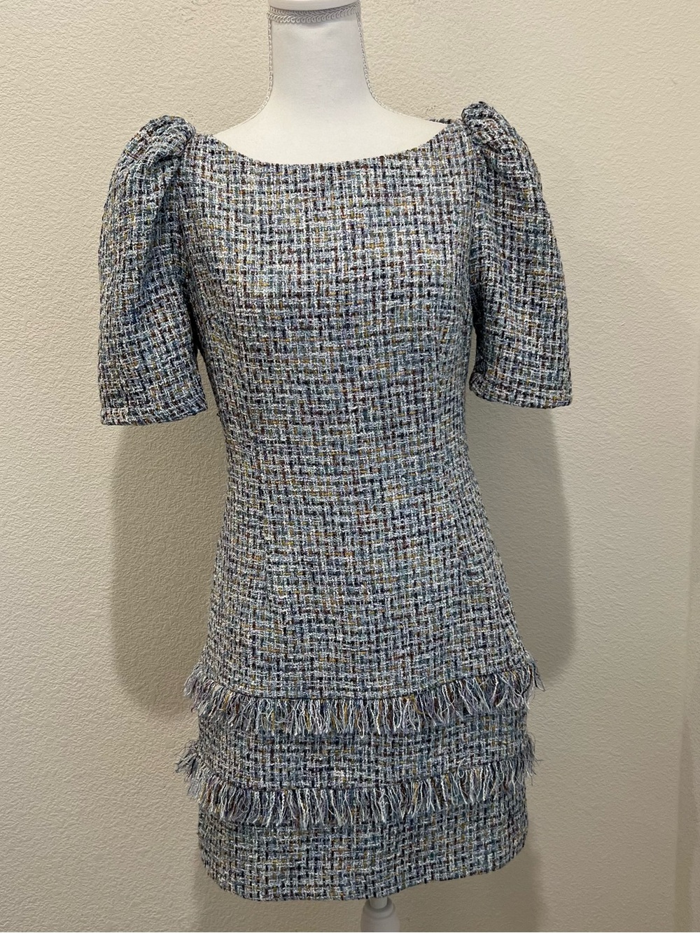 ELLIATT Stella Mini Dress Multi Tweed Fringe Hem Puff Sleeve Sz M